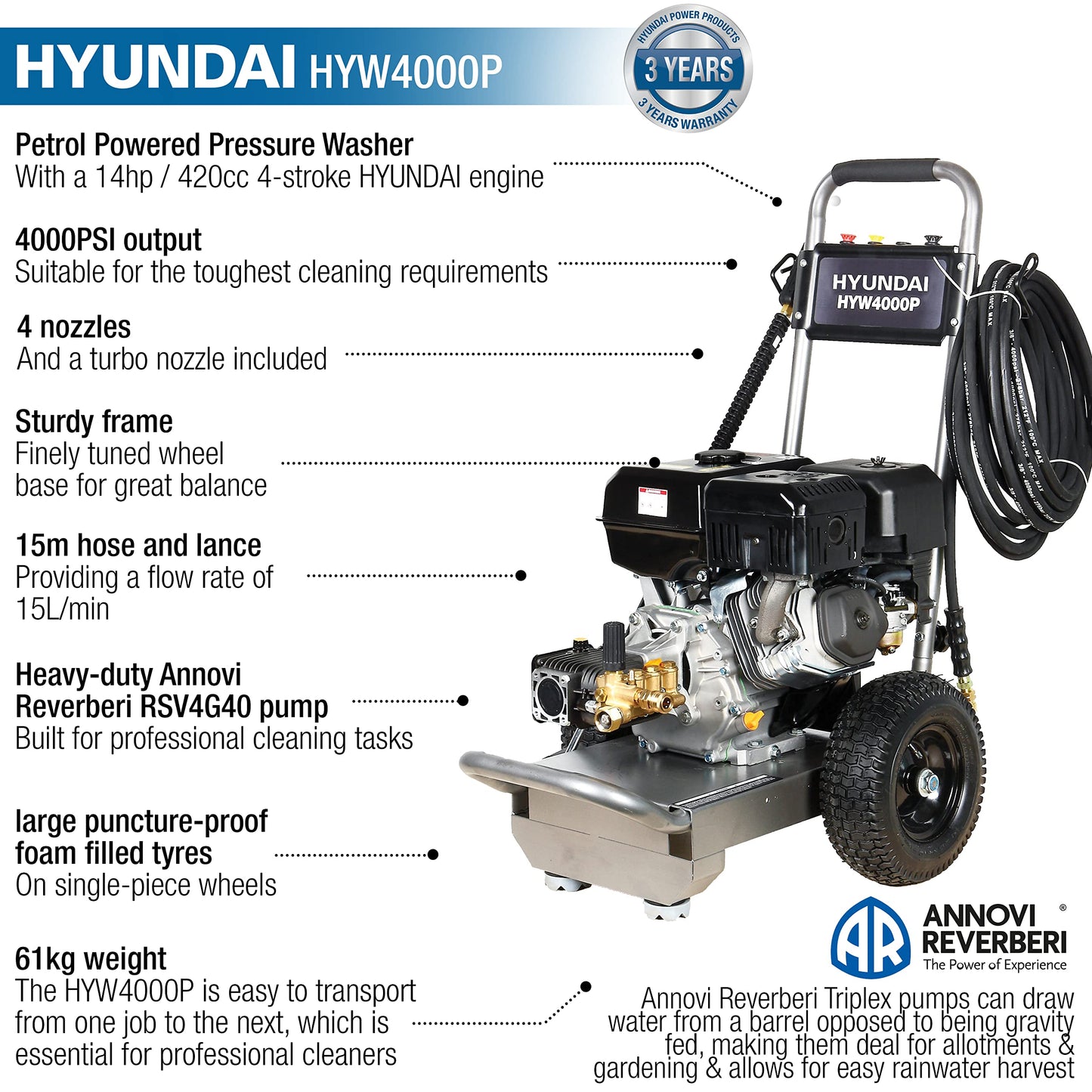 Hyundai 4000psi 275bar Petrol Pressure Washer 15L/Min 14hp 420cc, Annovi Reverberi (AR) Pump| HYW4000P