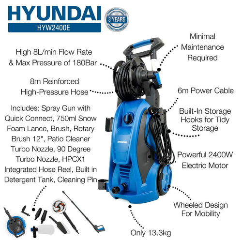 Hyundai 180Bar/ 2610psi Electric Pressure Washer, 8L/min, 2400W High-Performance Jet Wash with Hose & Attachments | HYW2400E - Neatfleet Car Care UK