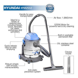 Hyundai 1200W 3-In-1 Wet and Dry Vacuum Cleaner | HYVI2512 - Neatfleet Car Care UK