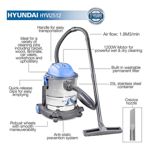 Hyundai 1200W 3-In-1 Wet and Dry Vacuum Cleaner | HYVI2512 - Neatfleet Car Care UK